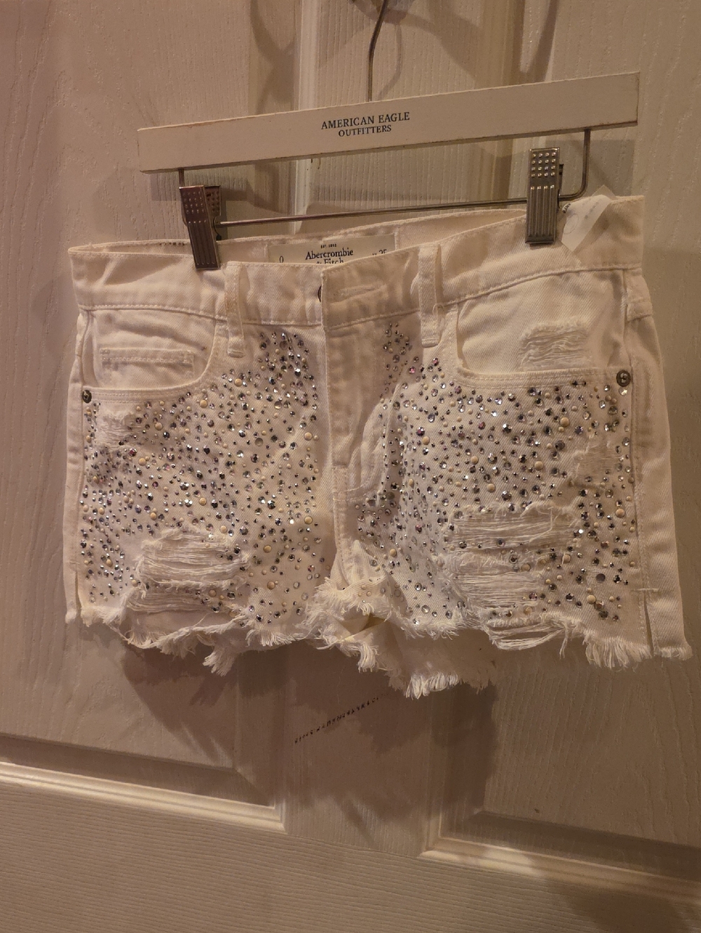 Abercrombie & Fitch White Rhinestone Distressed Denim Shorts